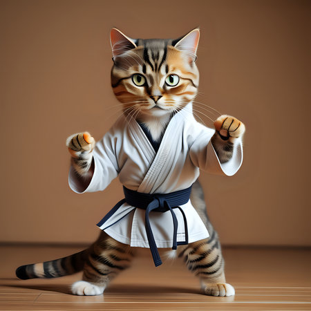 Cute tabby cat in karate uniform striking a pose - generated by aiの素材