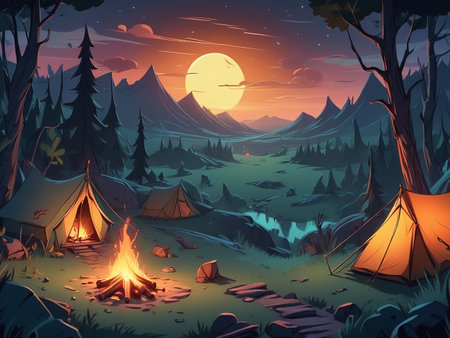 Mystical night landscape, in the foreground hike, campfire and tent - generated by aiの素材