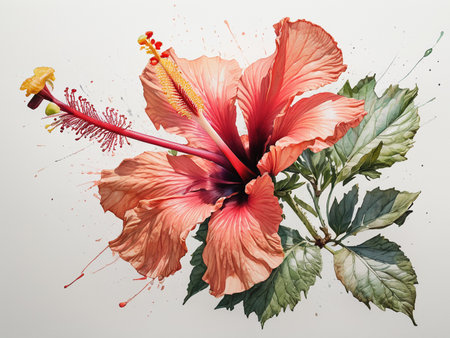Hibiscus flower on white background. Flat lay, top view - generated by aiの素材