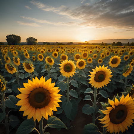 Sunflower field. Summer sunset outdoors landscape - generated by aiの素材