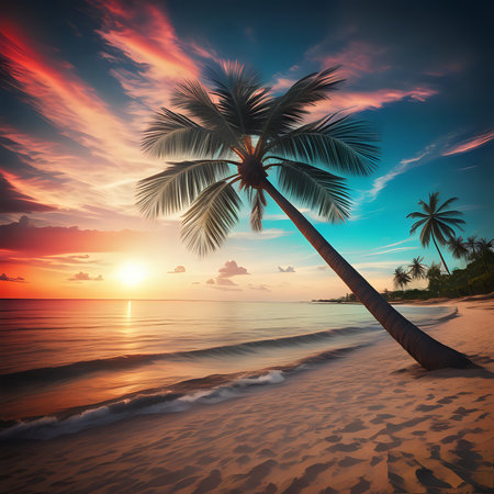 Sunset beach with tropical palm tree over beautiful sky. Palms and beautiful sky background - generated by aiの素材