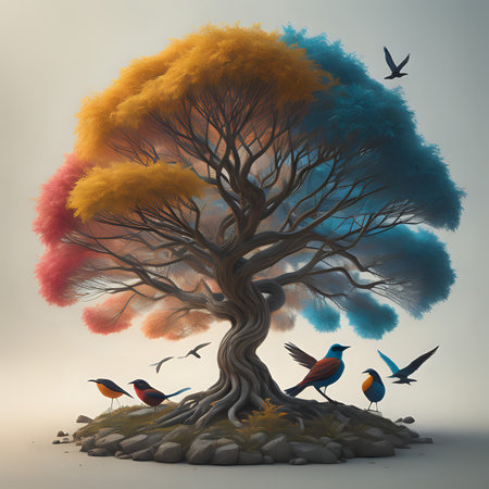 A colorful tree with birds - generated by aiの素材