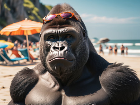 cool gorilla at the beach in summer -generated by aiの素材