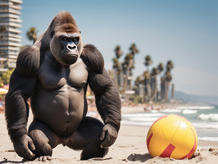 cool gorilla at the beach in summer -generated by aiの素材