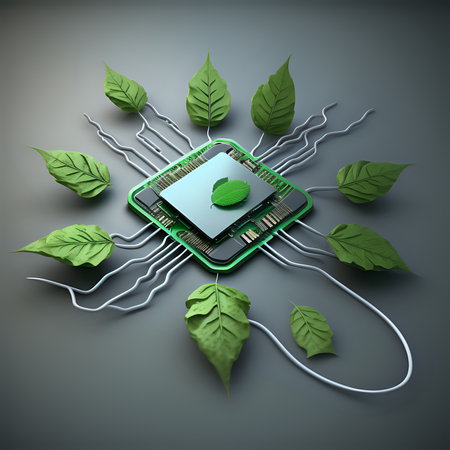 Concept of green energy microchip which is being charged by a group of leaves- generated by aiの素材