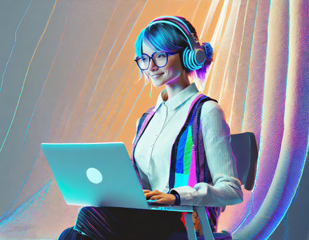 girl with laptop sitting on the chair. Independent or study concept, glitch art - generated by aiの素材