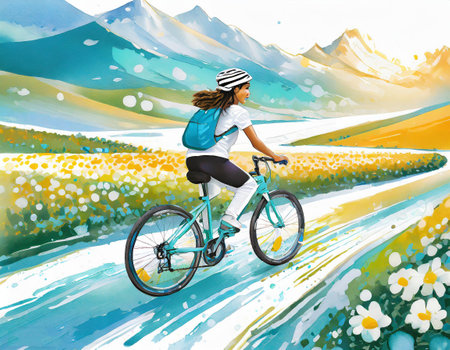 illustration of girl cycling outdoors, sunny-generated by aiの素材