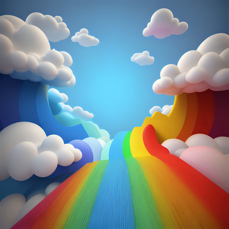 A colorful rainbow with a blue sky and clouds in the background, 3d-generated by aiの素材