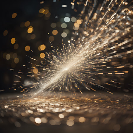 Confetti sparkles as it falls against a backdrop of bokeh lights radiating the celebration's joy with silver and vibrant colors- generated by aiの素材