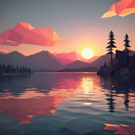 a low polygon image of the lake during a beautiful sunset - generated by aiの素材