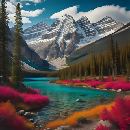 Vibrant Colored Ai Generated Landscape of Banff National Park, Psychedelic Style Digital Print - generated by aiの素材