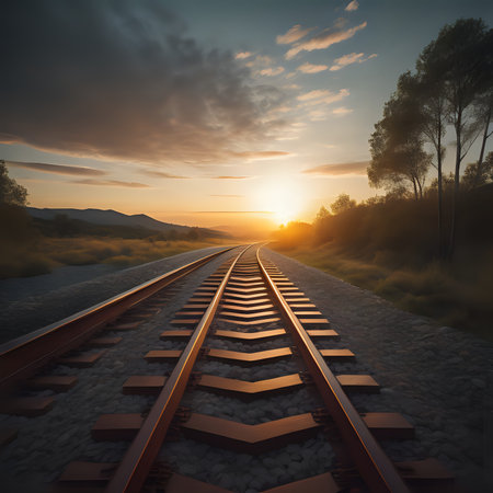 a low polygon image of the train track during a beautiful sunset - generated by aiの素材
