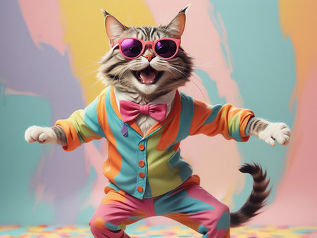 Cat wearing colorful clothes and sunglasses dancing on the pastel background - generated by aiの素材