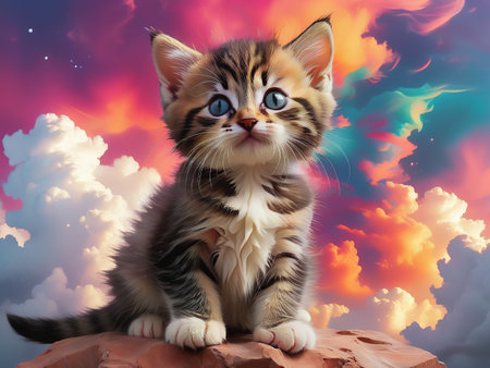 Beautiful kitten with colorful clouds - generated by aiの素材