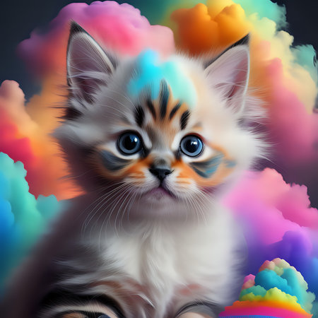 adorable kitten with colorful clouds - generated by aiの素材