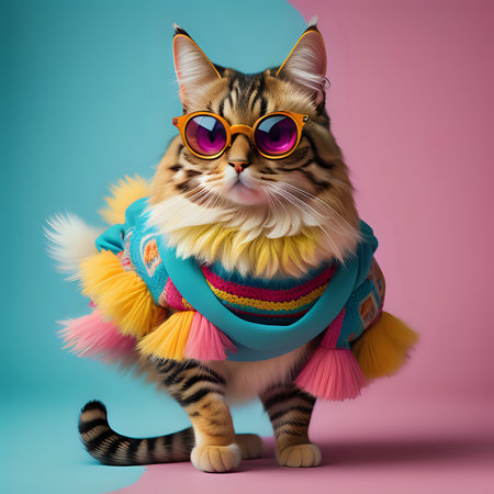 Cat wearing colorful clothes and sunglasses dancing on the pastel background - generated by aiの素材