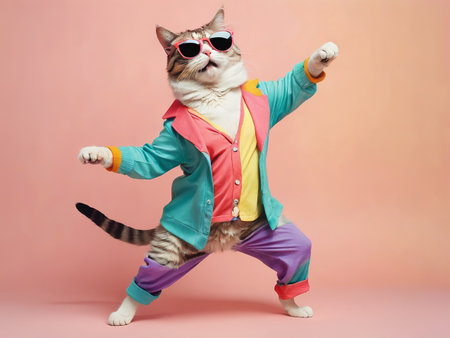 Cat wearing colorful clothes and sunglasses dancing on the pastel background - generated by aiの素材