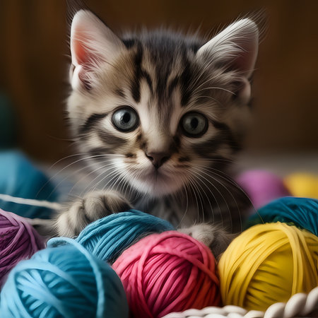 Close up on kitten with balls of yarn - generated by aiの素材