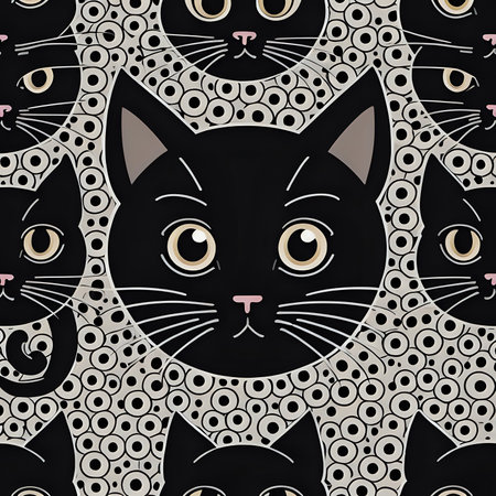 Cute black cat face with big eyes pattern background - generated by aiの素材