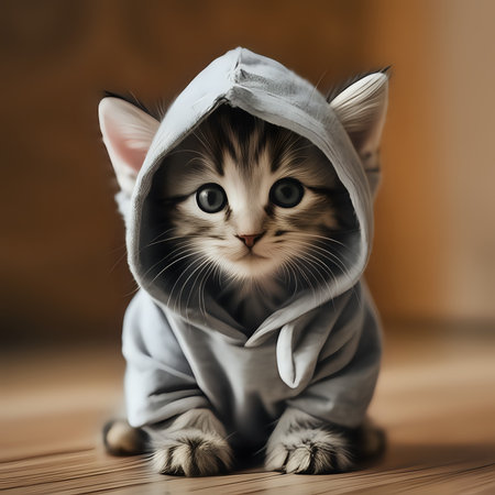 Cute kitten in a hooded shirt looking playfully indoors - generated by aiの素材