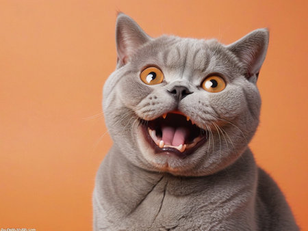 Funny british shorthair cat with funny expression on orange background - generated by aiの素材