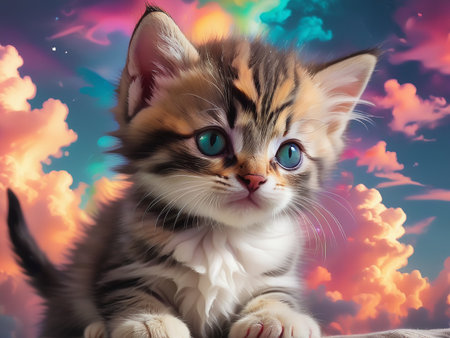 kitten with colorful clouds - generated by aiの素材