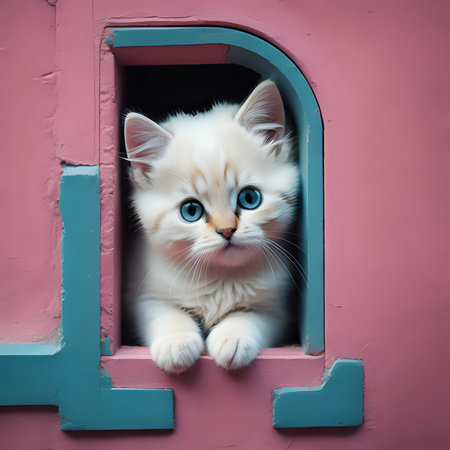 White kitten peeking out from behind pink wall with its paw on the corner - generated by aiの素材