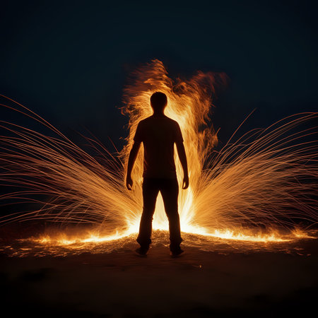 Man Light Painted With Fire Long Exposure - generated by aiの素材