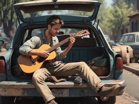illustration of Man playing guitar while sitting on car trunk - generated by aiの素材