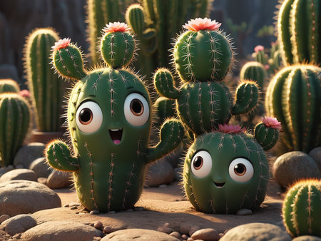 3d rendering cartoon of cacti with friendly face - generated by aiの素材