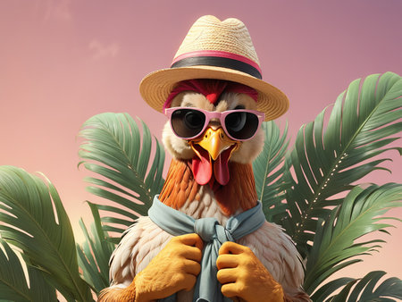 Chicken with sunglasses and hat under palm leaf on pastel summer background - generated by aiの素材