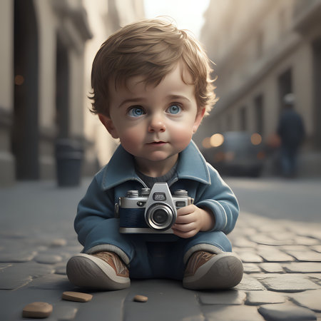 3d rendering of a cute little boy with a camera on the street - generated by aiの素材
