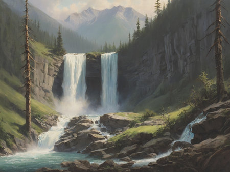 A painting of a waterfall in the mountains - generated by aiの素材