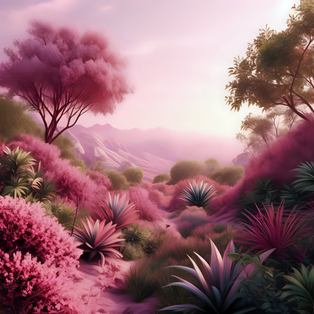 Pink nature landscape with vegetation and flora - generated by aiの素材