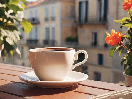 still life of relaxing coffee cup on terrace - generated by aiの素材