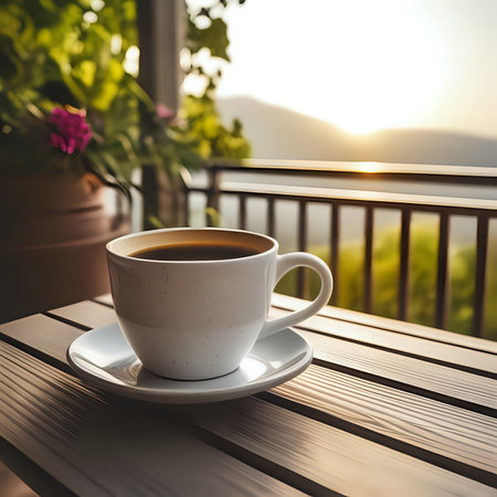 still life of relaxing coffee cup on terrace - generated by aiの素材