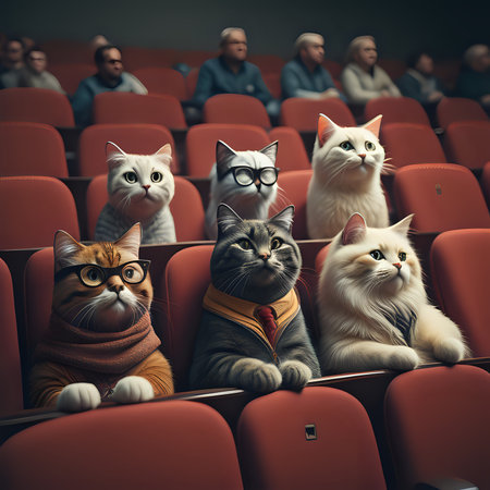 View of 3d cats watching a movie at the cinema - generated by aiの素材