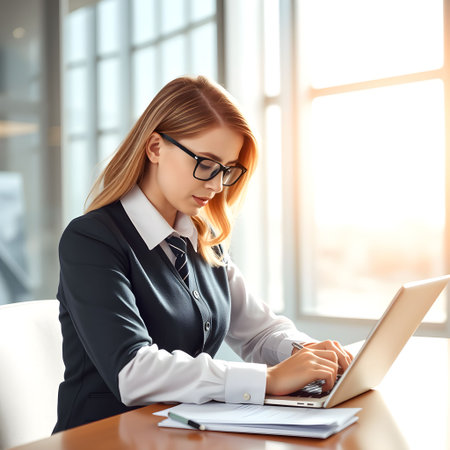 Serious businesswoman working on laptop in office. Young businesswoman in eyeglasses using computer while sitting at workplaceの素材