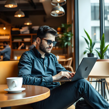 Handsome young man in sunglasses using laptop while sitting in cafeの素材