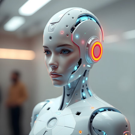 3d rendering humanoid robot with artificial intelligence in modern futuristic office interiorの素材
