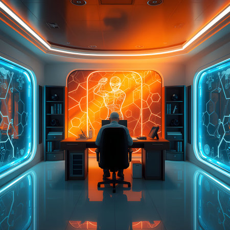3D CG rendering of Futuristic computer room with virtual reality interfaceの素材