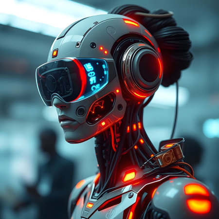 3d rendering humanoid robot or cyborg with red light on headの素材