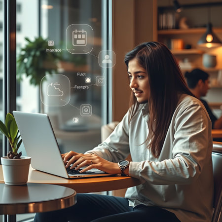 Beautiful young businesswoman working with laptop in cafe. She is sitting at the table and looking at the screen. Woman is typing on laptop.の素材