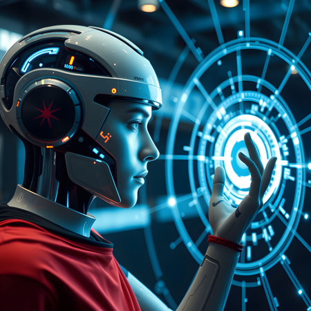 3d rendering humanoid robot touching virtual hologram screen, future technology conceptの素材