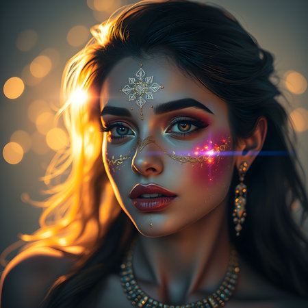 Portrait of a beautiful girl with creative make-up and snowflake on her face.の素材