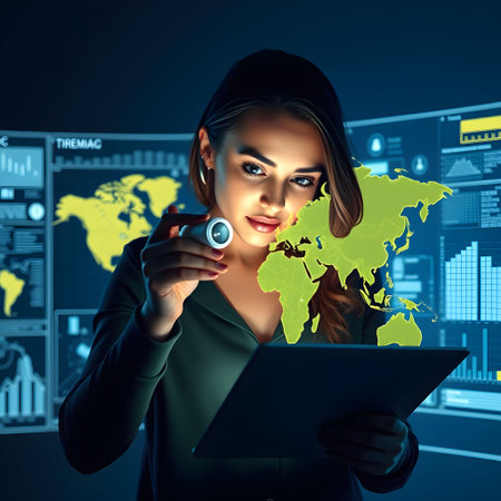 Young businesswoman with tablet and world map on virtual screen background.の素材