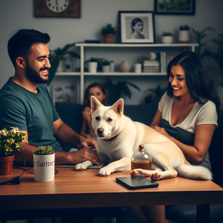 Beautiful young woman is sitting at the table with her dog and smiling while her boyfriend is working in the backgroundの素材