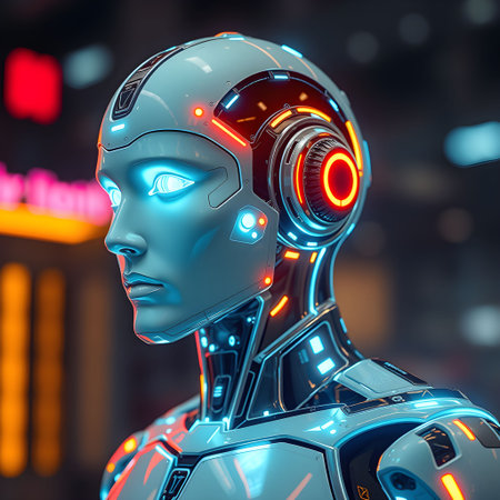 3d rendering of a female robot with neon lights in the backgroundの素材