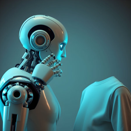 Robot and mannequin on blue background. 3D renderingの素材