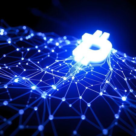 Blockchain concept with glowing bitcoin symbol on dark background 3D renderingの素材